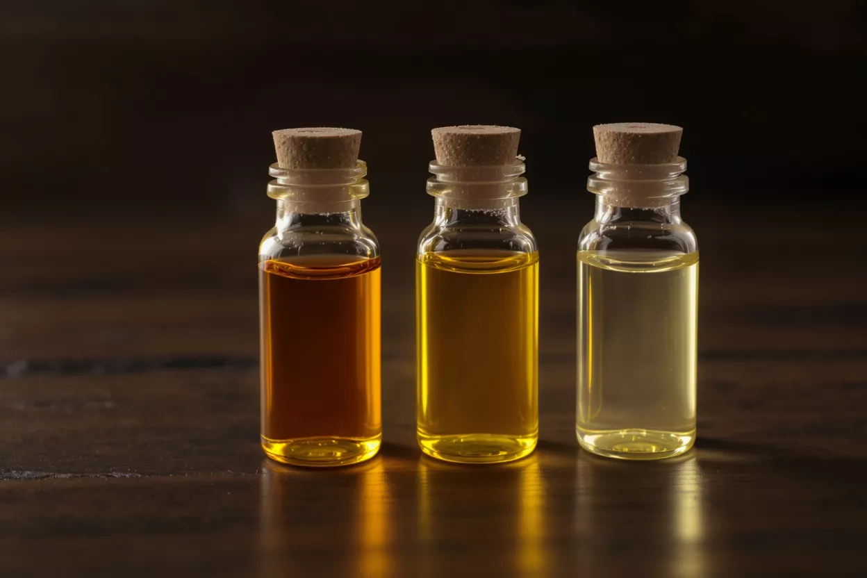 Three small glass bottles with corks, containing essential oils of varying colors.