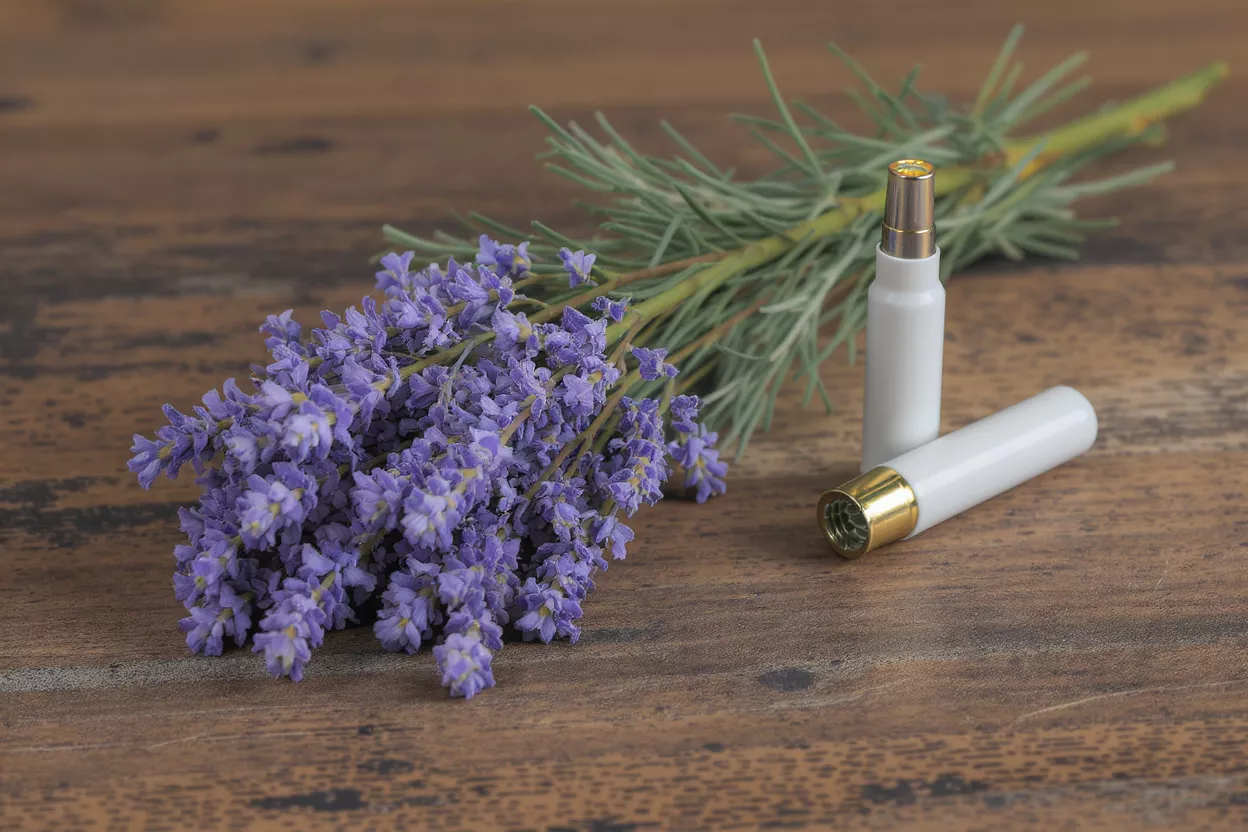 A bundle of fresh lavender next to two white and gold essential oil diffusers.