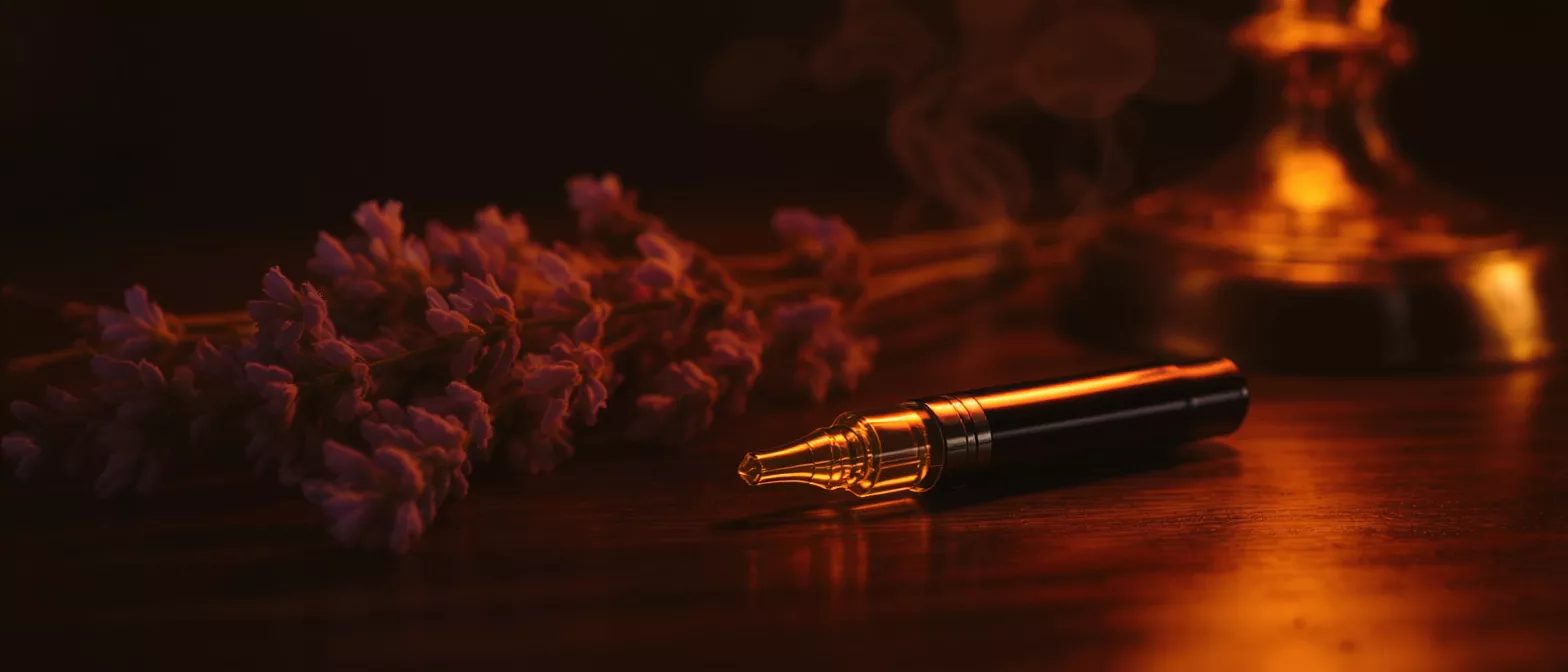 A vape pen on a wooden table with lavender and a glowing candle in the background.