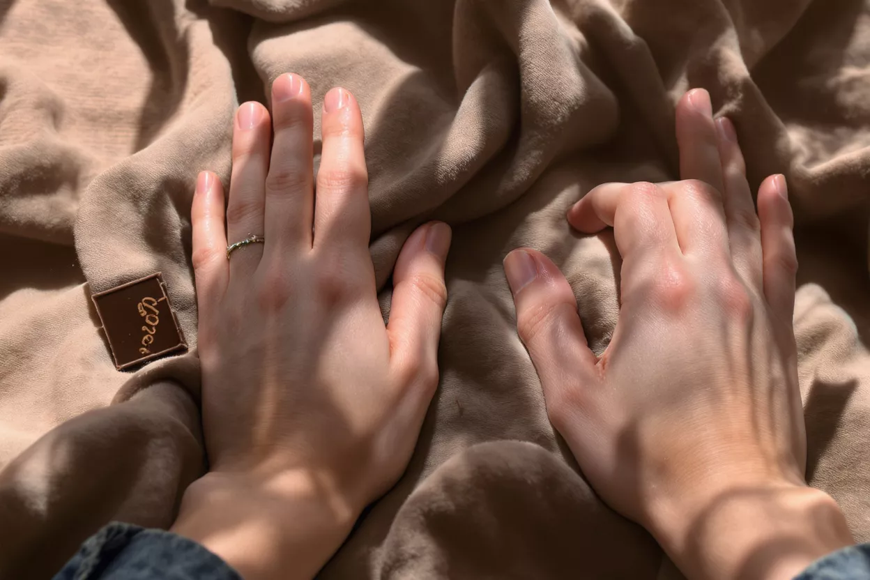 Two hands on a beige blanket, one with a ring, next to a chocolate square.