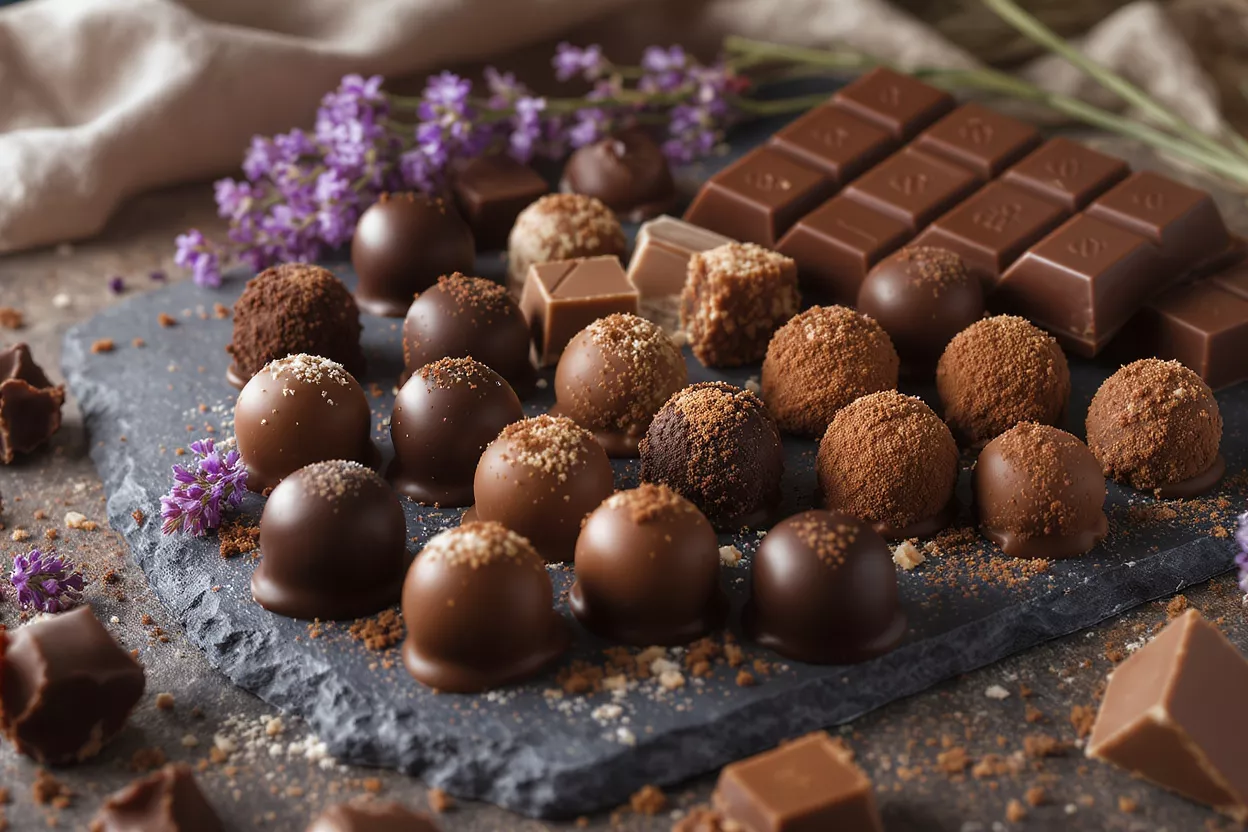 Assortment of chocolate truffles, bars, and lavender on a dark slate.