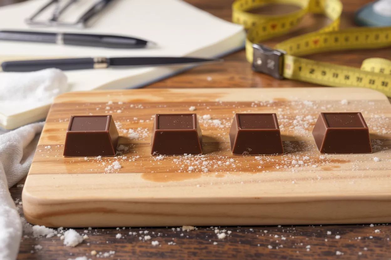 Four chocolate squares on a wooden board with a measuring tape and notebook.