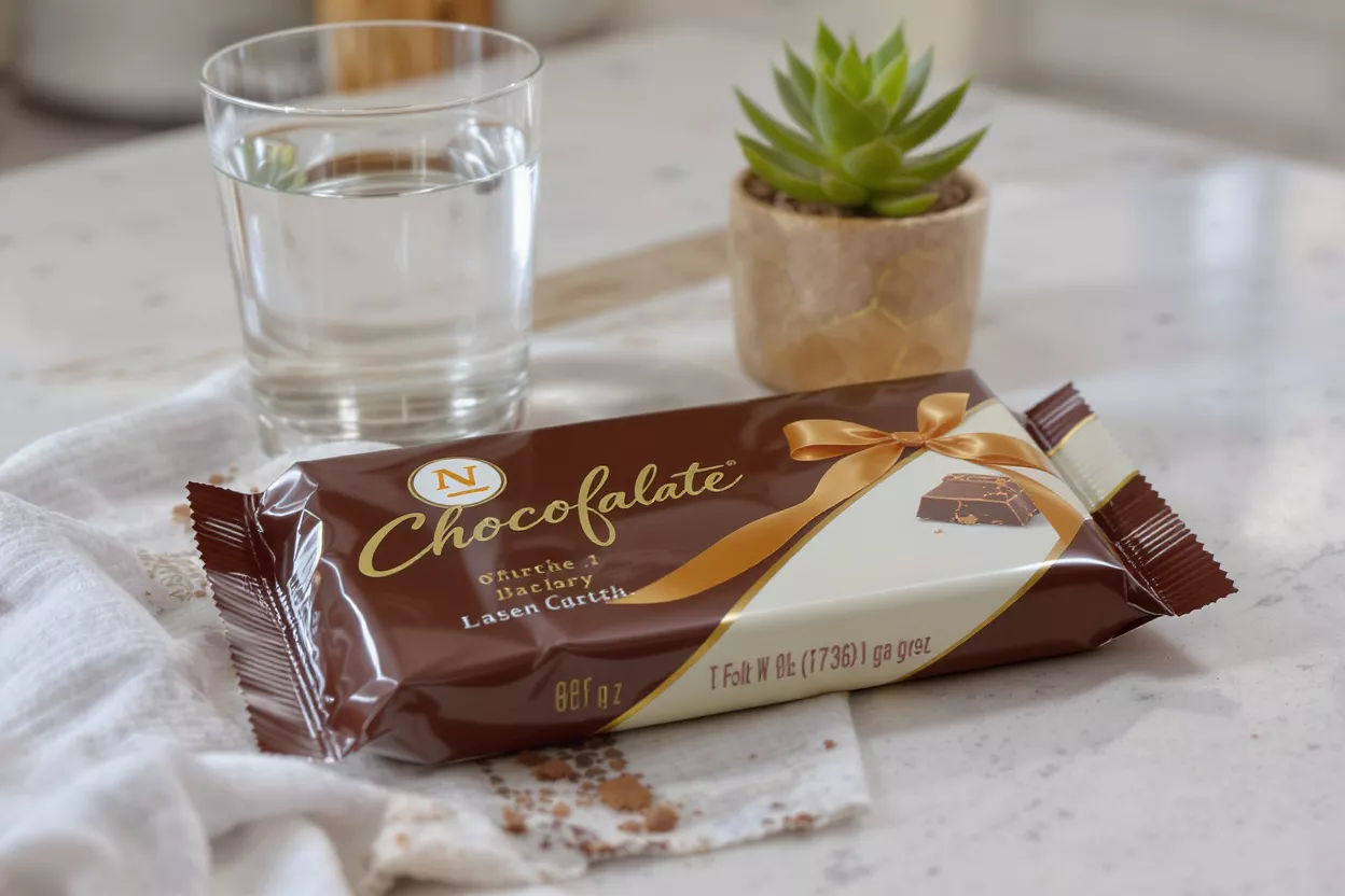 Chocofalate chocolate bar, glass of water, and succulent on a white surface.