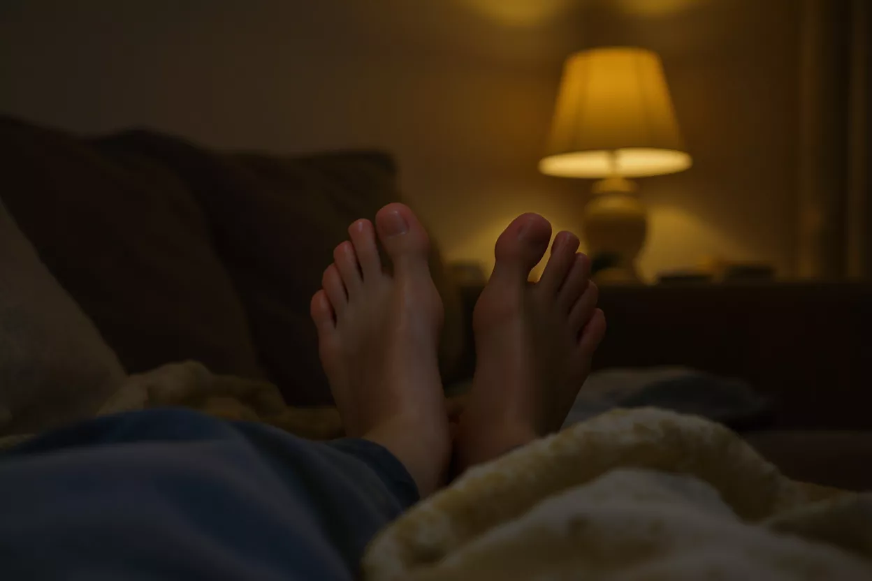 Un par de pies descalzos apoyados sobre una manta en una habitación con poca luz.