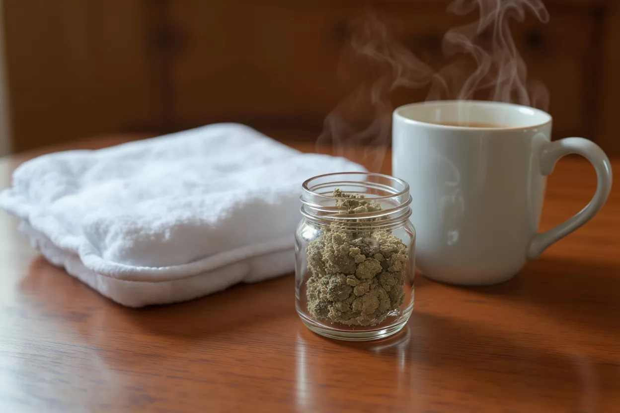 Un frasco de cogollos de cannabis, una taza de café humeante y una toalla blanca.