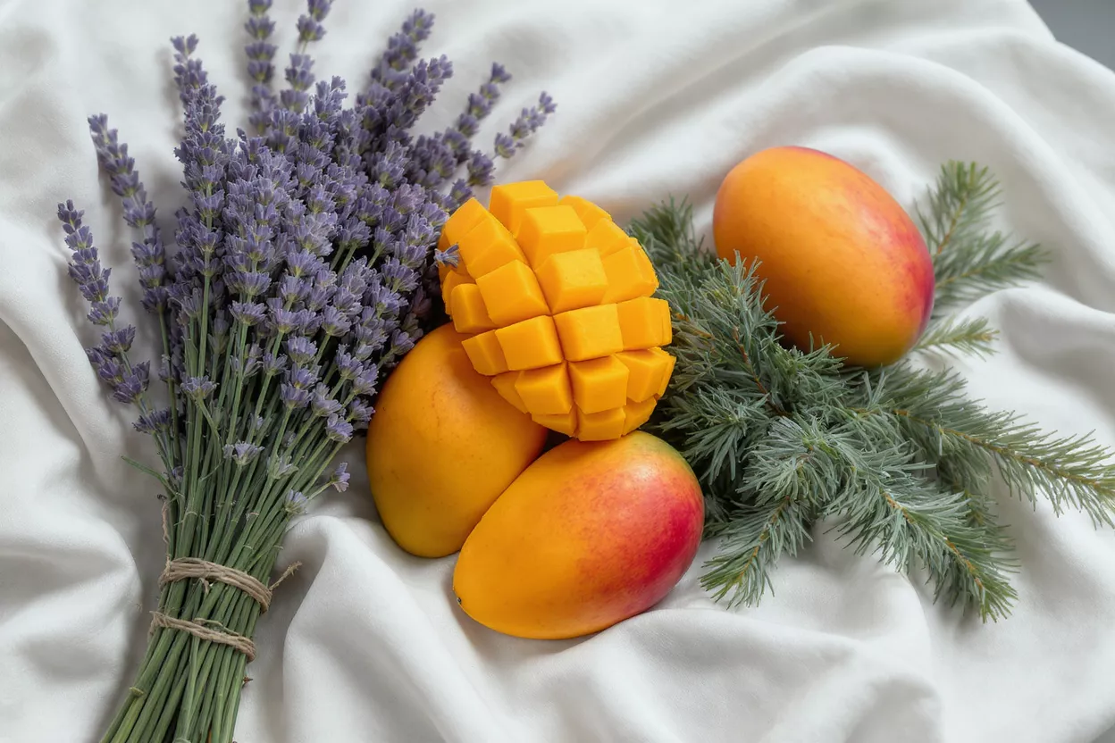Una naturaleza muerta vibrante con lavanda, mangos y ramas de pino sobre tela blanca.