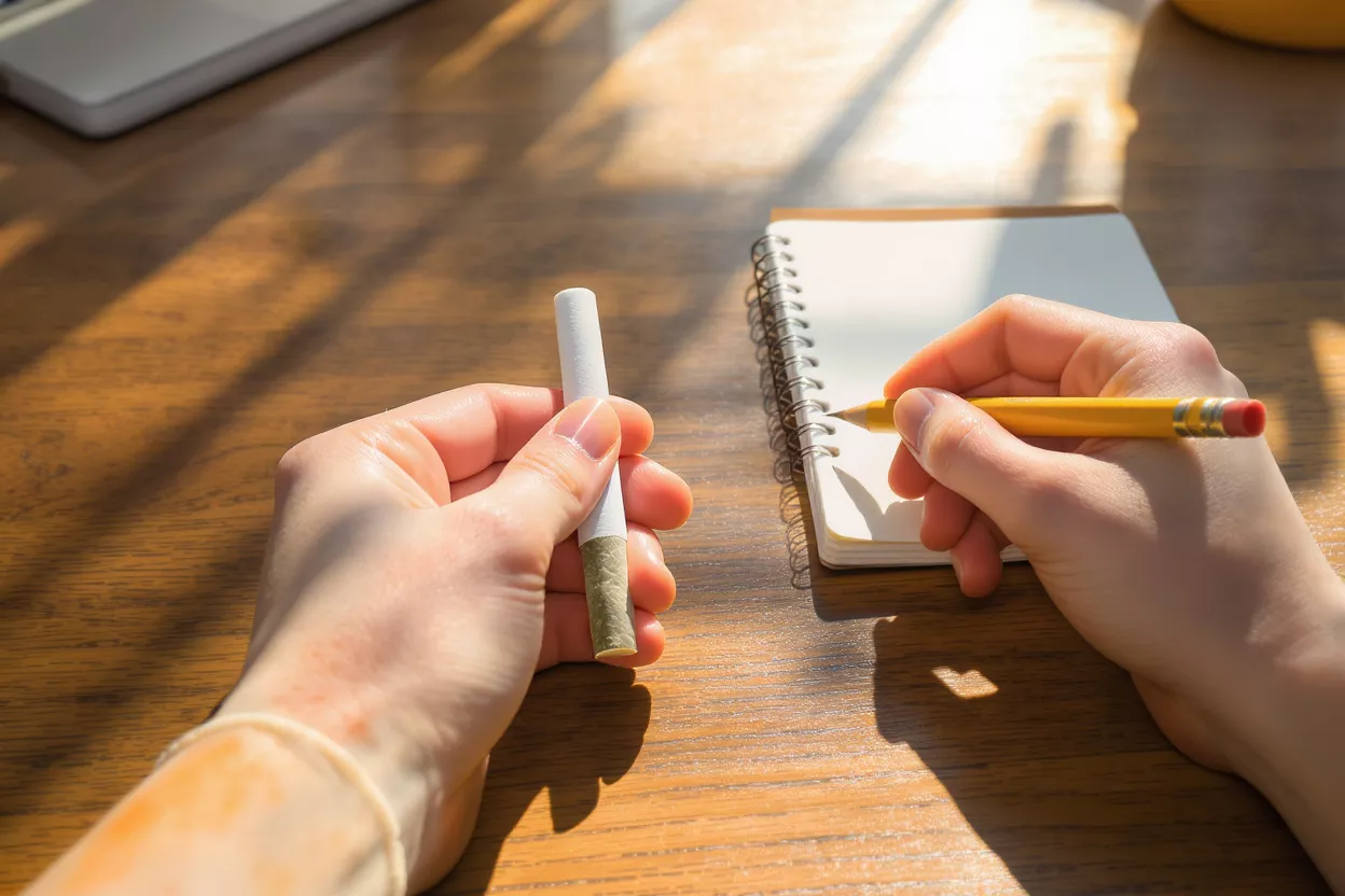 Manos sosteniendo un pre-rolado y un lápiz, escribiendo en un cuaderno sobre un escritorio de madera.