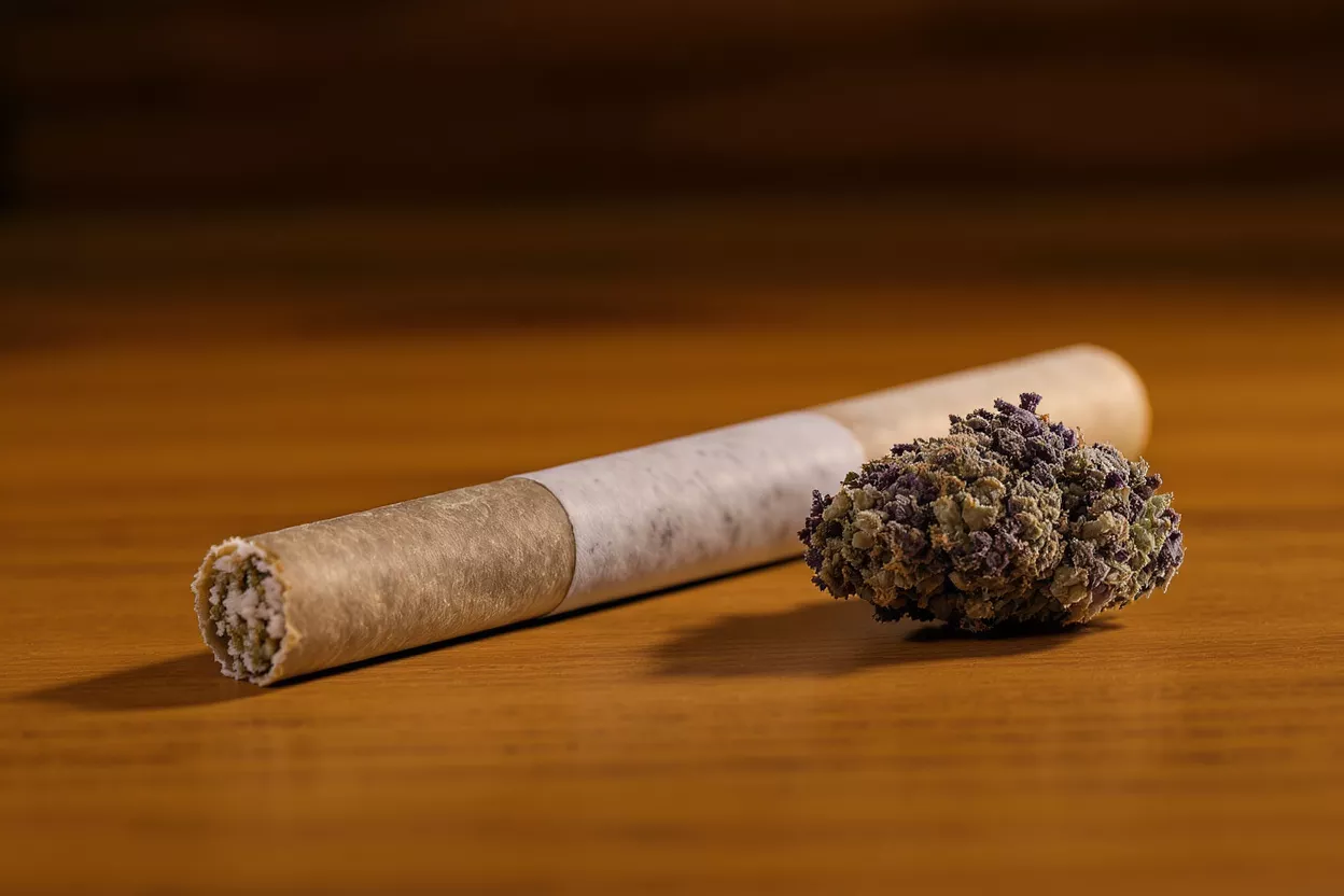 Cannabis Joint and Bud A pre-rolled cannabis joint and a dried marijuana bud on a wooden table.