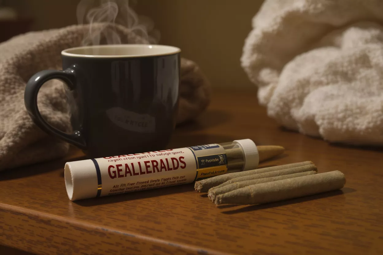 Gealleralds Pre-Rolls and Coffee Steaming coffee mug, Gealleralds pre-roll container, and several pre-rolls on a wooden surface.