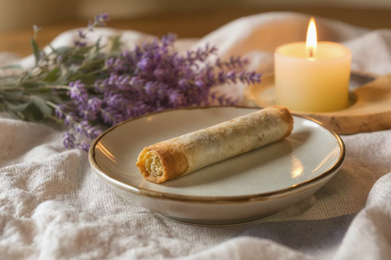 Sweet Roll with Lavender and Candle A sweet roll on a plate with lavender and a lit candle.