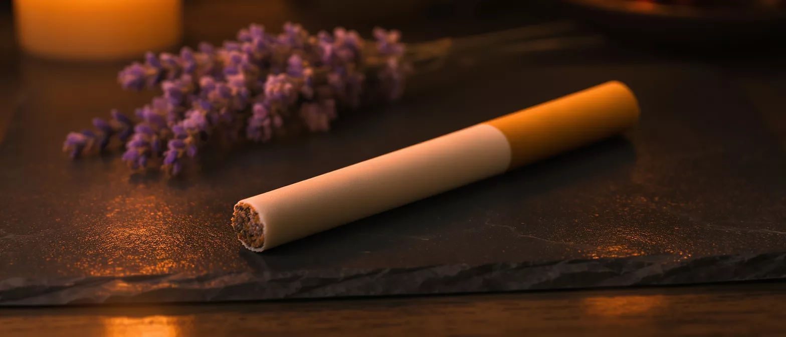 Herbal cigarette with lavender and a candle on a dark slate surface.