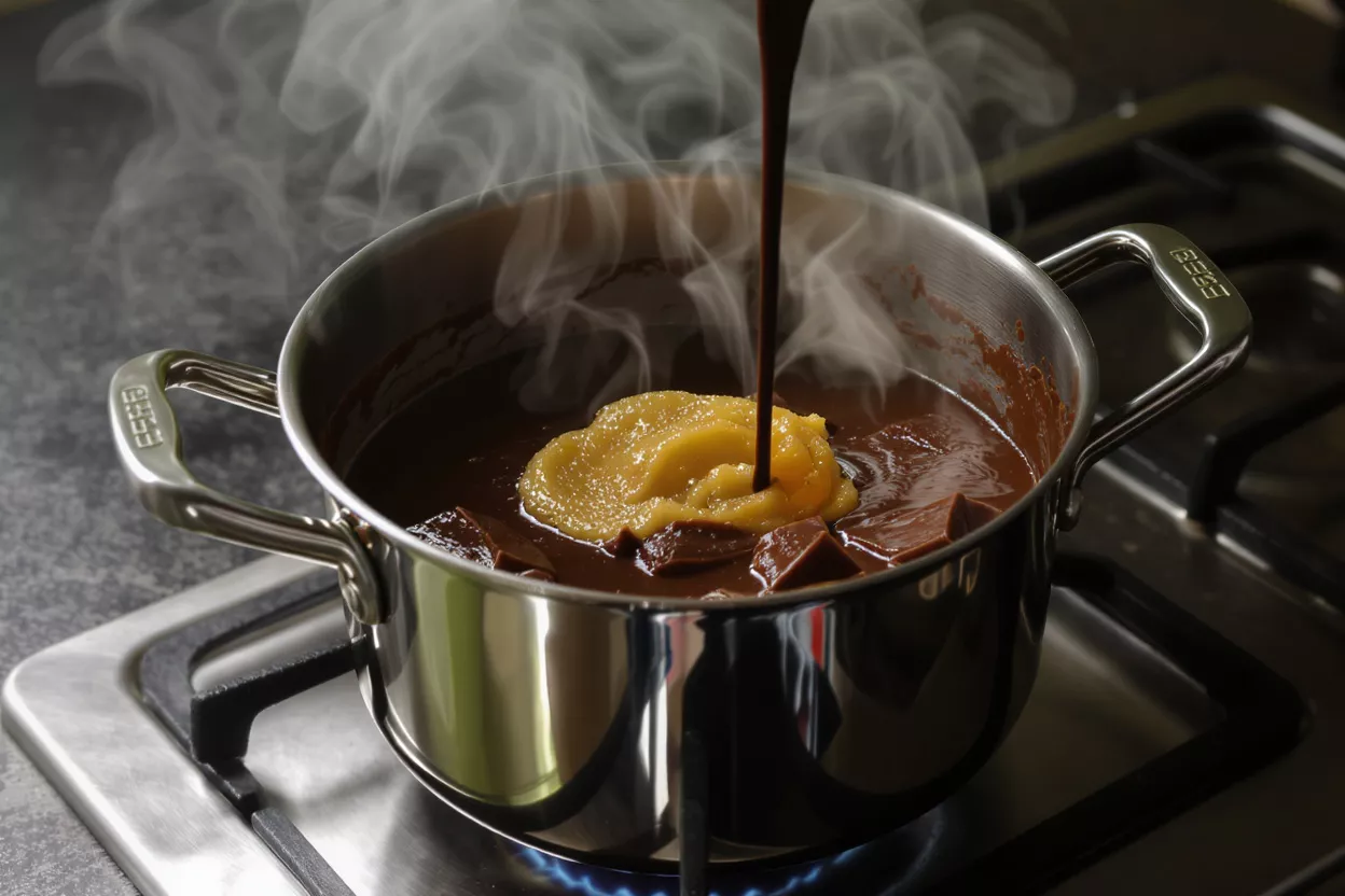 Melting Chocolate Sauce in Pot Chocolate chunks, caramel, and syrup melting in a steaming pot on a gas stove.