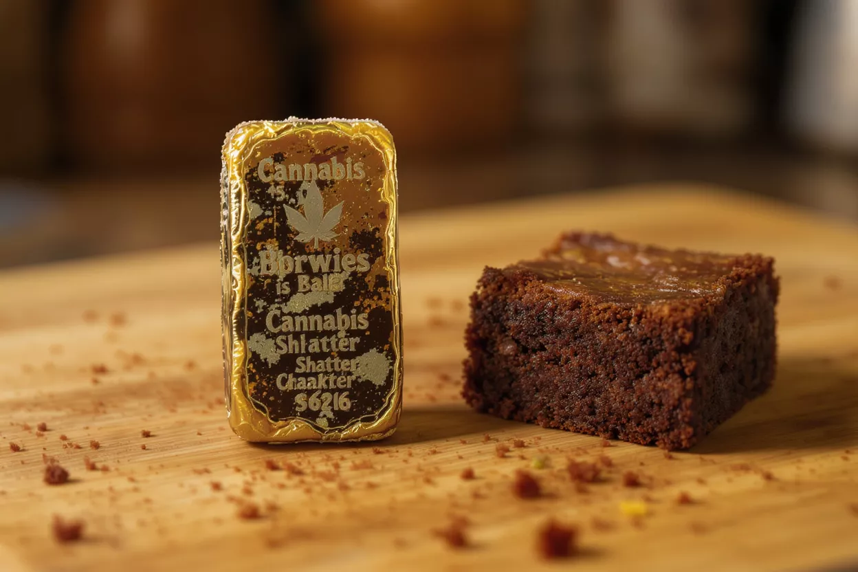 Cannabis Brownie and Shatter Bar A cannabis-infused brownie next to a gold-wrapped cannabis shatter bar on a wooden surface.