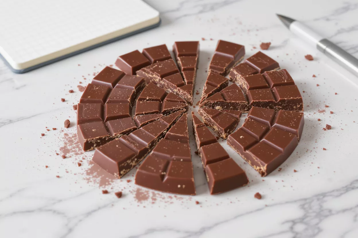 Chocolate Bar Slices Milk chocolate bar cut into radial slices on a white marble surface.
