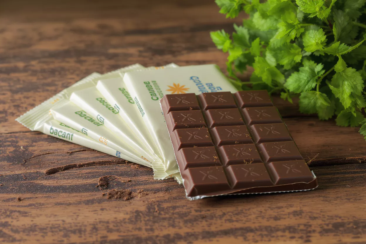Chocolate Bars with Fresh Mint Several chocolate bars, one unwrapped, with fresh green mint on a wooden table.