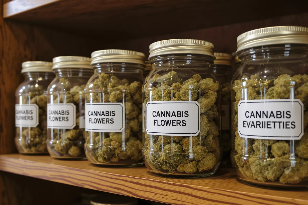 Several glass jars filled with cannabis flowers on a wooden shelf.