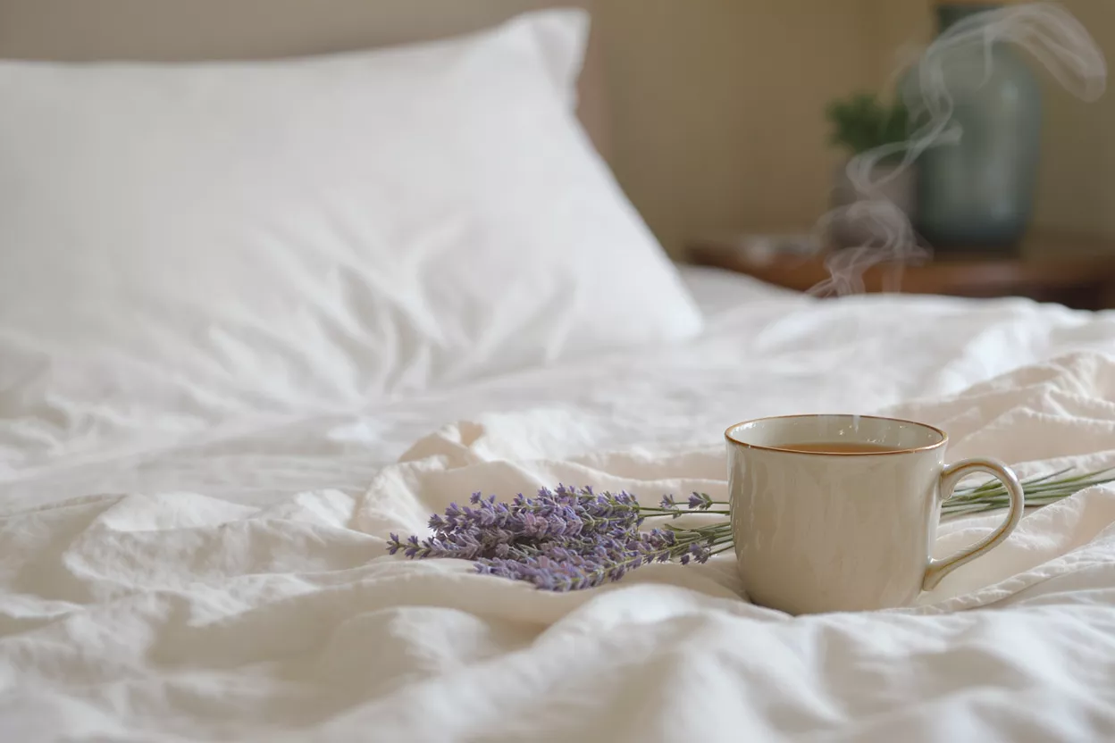 Steaming cup of tea and lavender sprigs on white bed sheets.