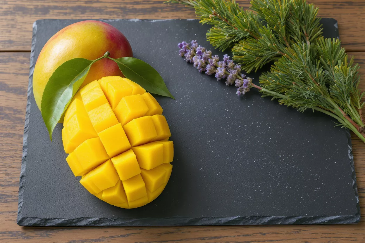 Whole and diced mango on a dark slate board with greenery.