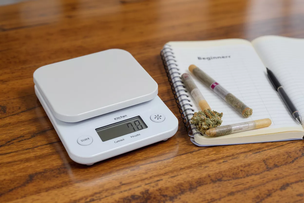 A white kitchen scale, cannabis flower, and pre-rolled joints next to a notebook.