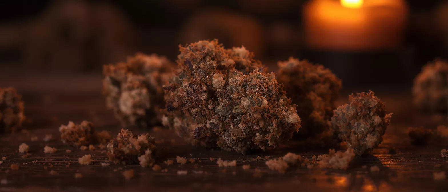 Close-up of brown sugar crumbles on a dark surface with a blurred candle.