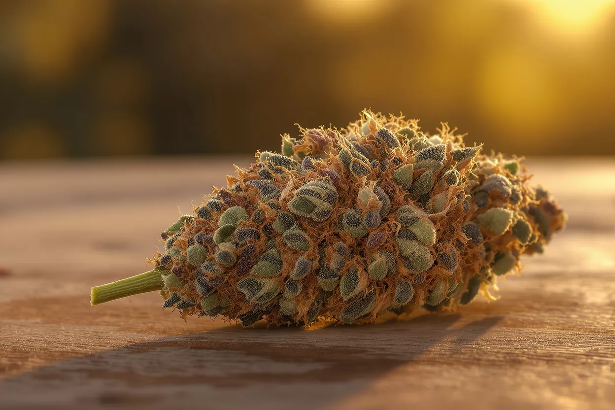 Close-up of a cannabis bud with trichomes, bathed in warm sunset light.