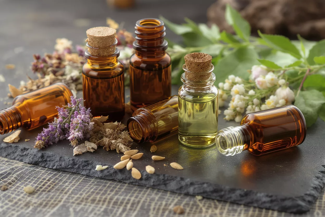 Amber and clear bottles of essential oils with dried herbs and flowers.