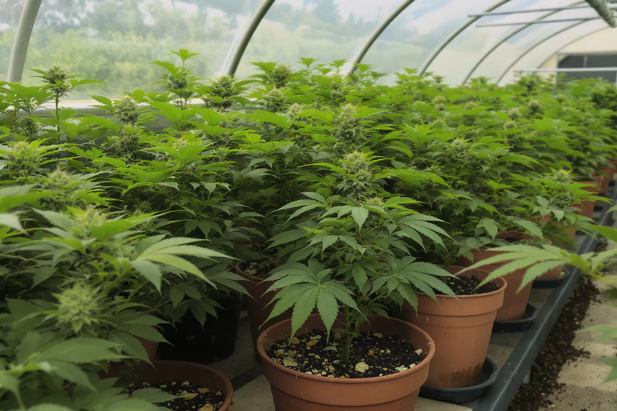 Rows of vibrant green cannabis plants growing in a greenhouse under natural light.