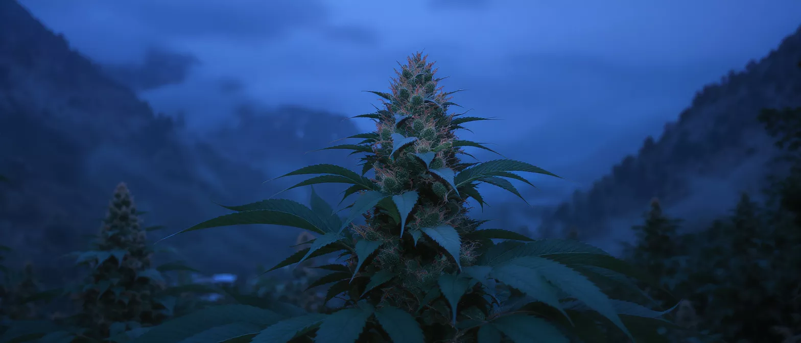 Close-up of a cannabis plant with dense buds against a misty blue mountain background.