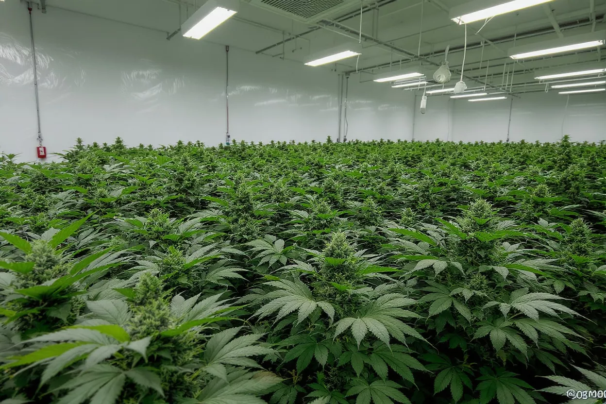 A vast indoor cannabis grow room filled with lush green plants under bright lights.