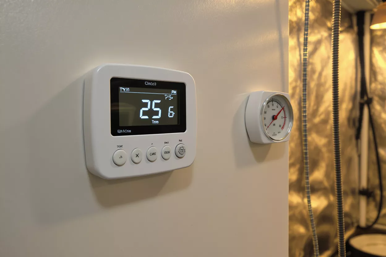 White digital thermostat showing 25 degrees and an analog temperature gauge on a wall.