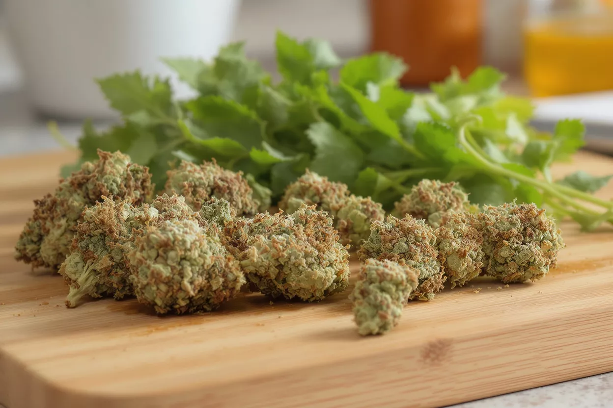Close-up of cannabis buds and green leafy vegetables on a wooden board.