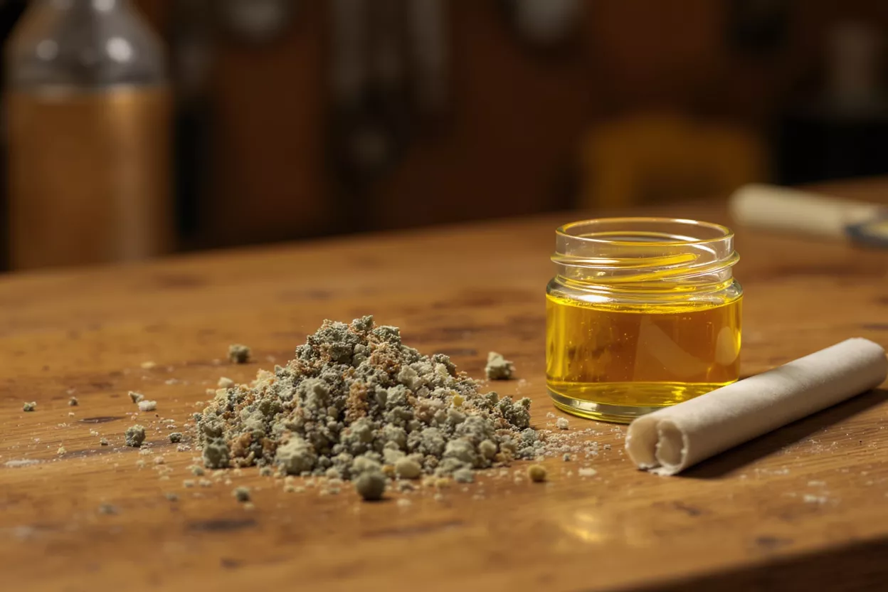 Cannabis oil in jar, kief pile, and pre-roll on a wooden table.