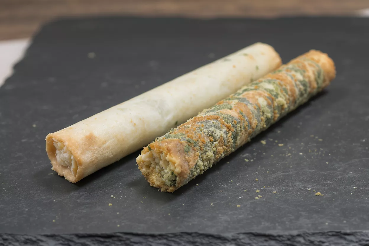 Two rolled snacks on a dark slate surface, one plain, one with green coating.