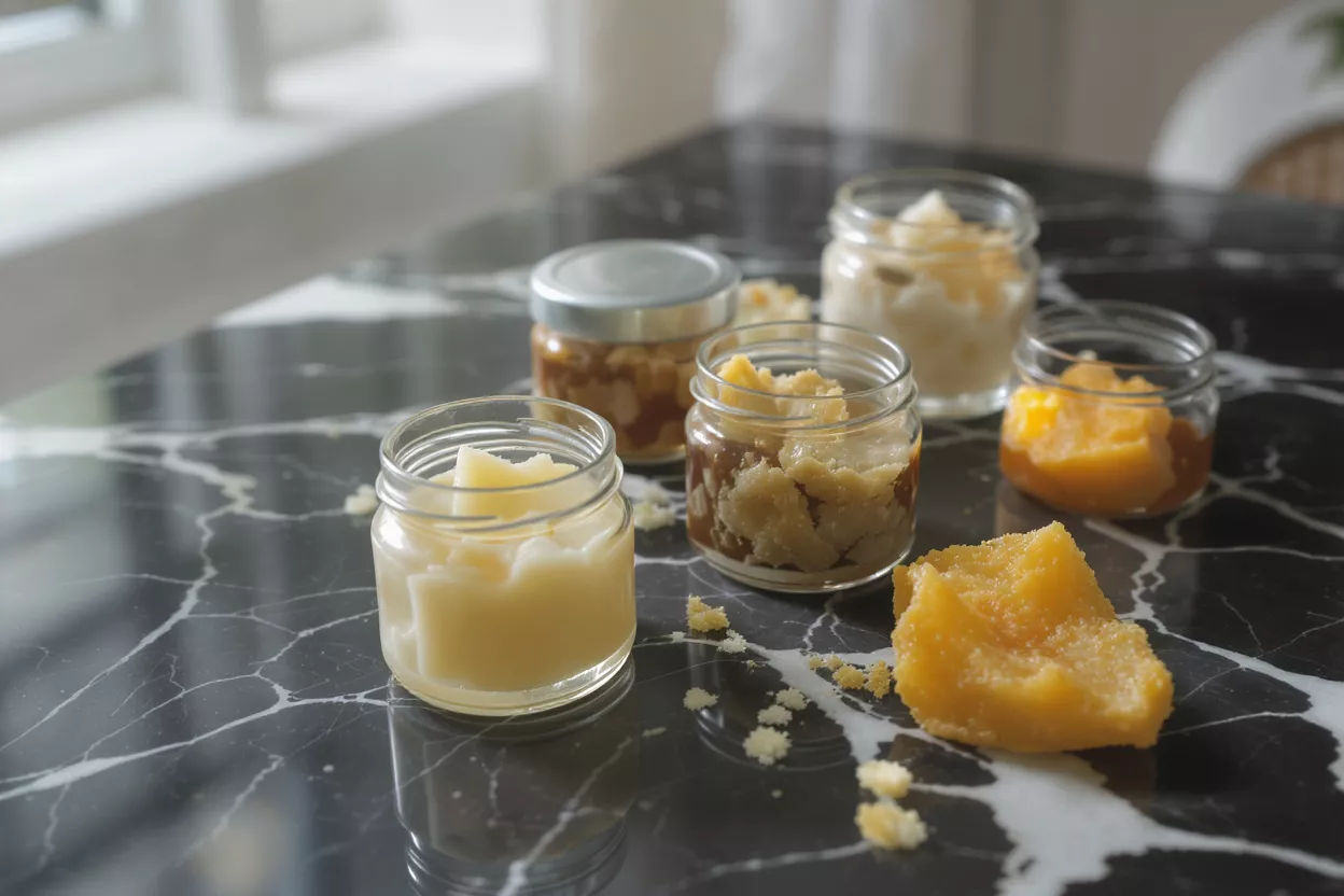 Five glass jars of homemade body butter and a chunk of butter on a marble table.