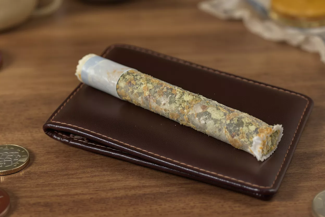 A cannabis pre-roll, rich in green and orange hues, resting on a brown leather wallet.