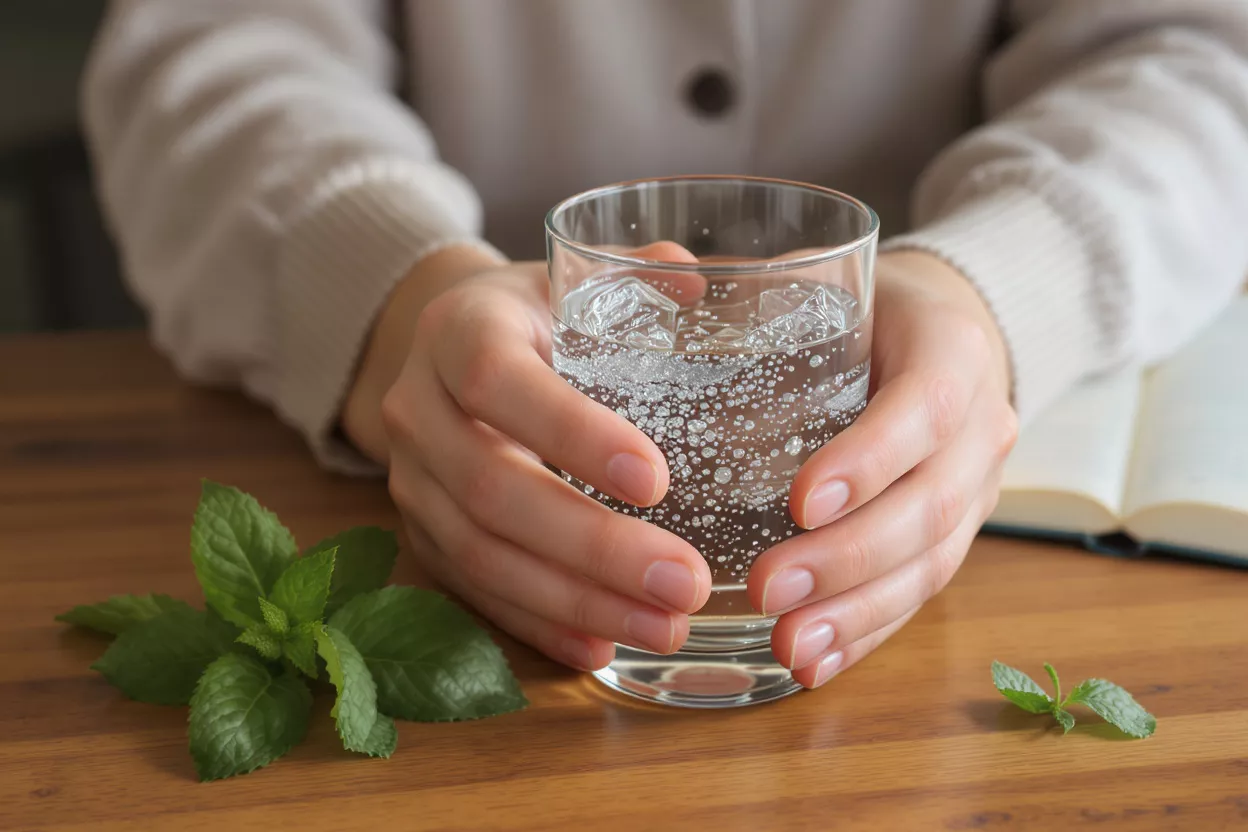 Refreshing Sparkling Water with Mint Hands holding a glass of sparkling water with ice and mint leaves on a wooden table.
