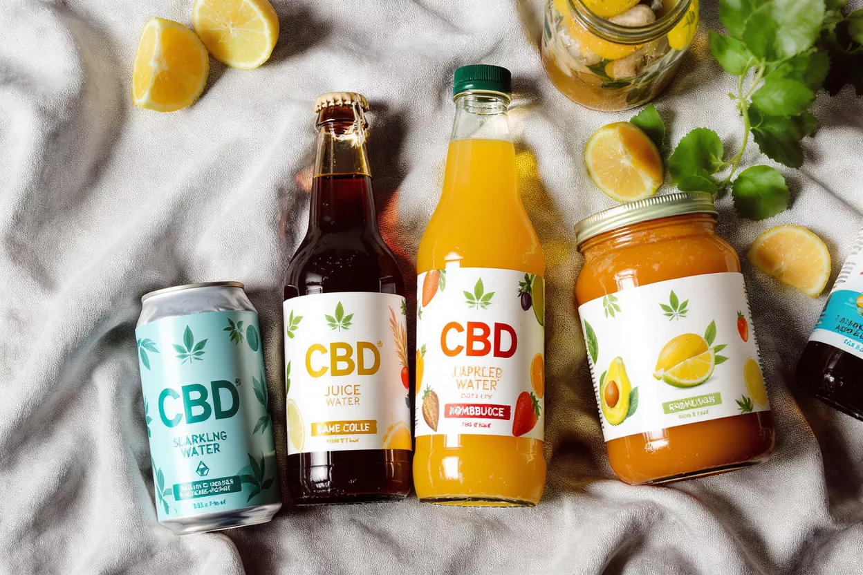 CBD Beverages and Fruit Spreads Assortment of CBD-infused sparkling water, juice, and fruit spreads with fresh lemons.
