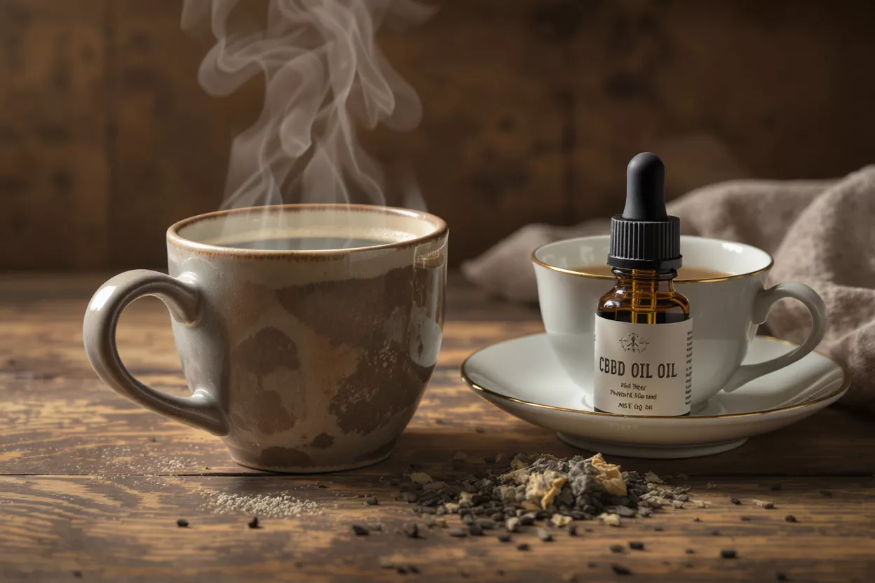 CBD Oil with Coffee Steaming coffee mug and CBD oil bottle next to a teacup on wooden table.