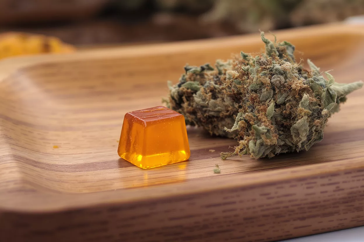 An orange cannabis gummy and a cannabis flower bud on a wooden tray.