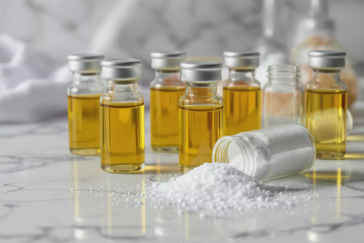 Small glass vials containing yellow liquid and white powder on a white marble surface.