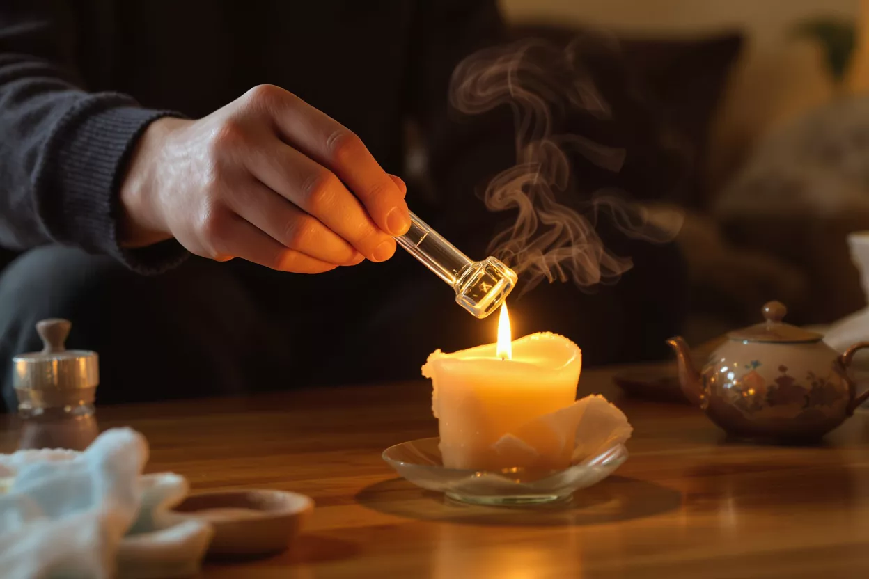 A hand heats a glass tool over a lit candle, producing smoke.