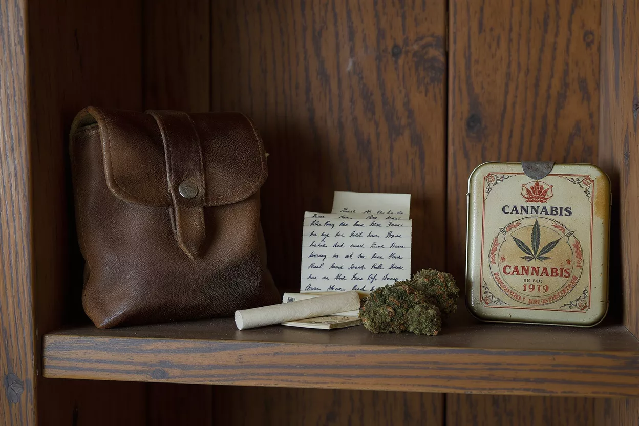 Vintage cannabis tin, leather pouch, handwritten notes, pre-roll, and buds on a wooden shelf.
