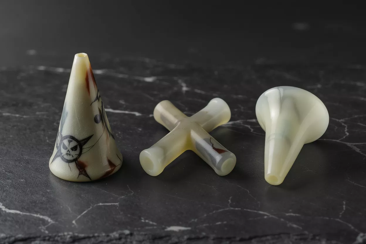Artistic Chocolate Pieces Three unique white chocolate art pieces with dark designs on a dark marble surface.