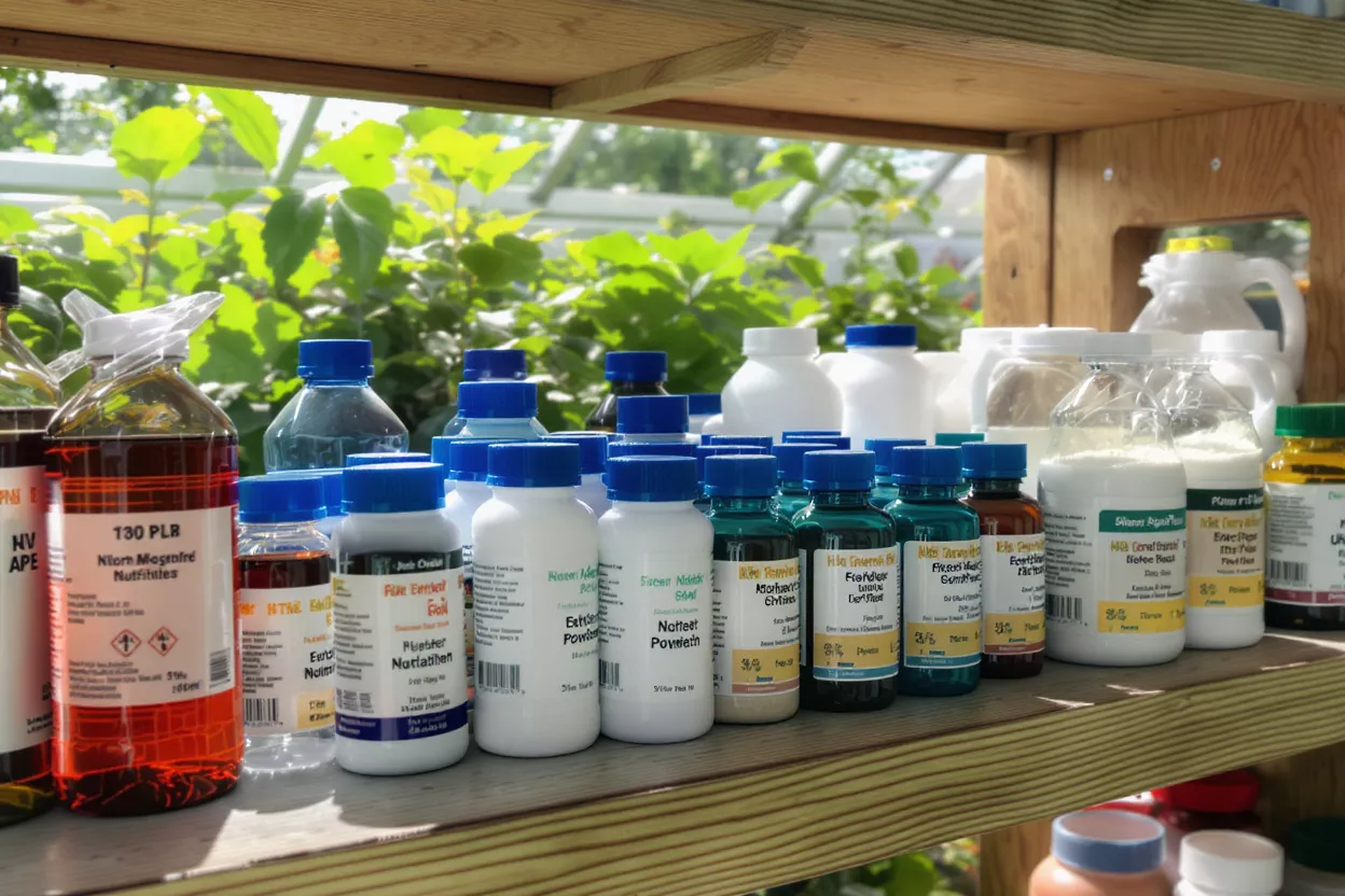 Numerous bottles of various sizes and colors on a wooden shelf in a greenhouse.