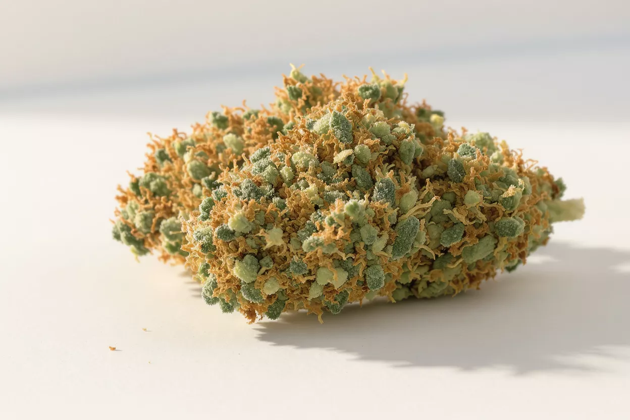 Close-up of a cannabis bud with green and orange hues on a white background.