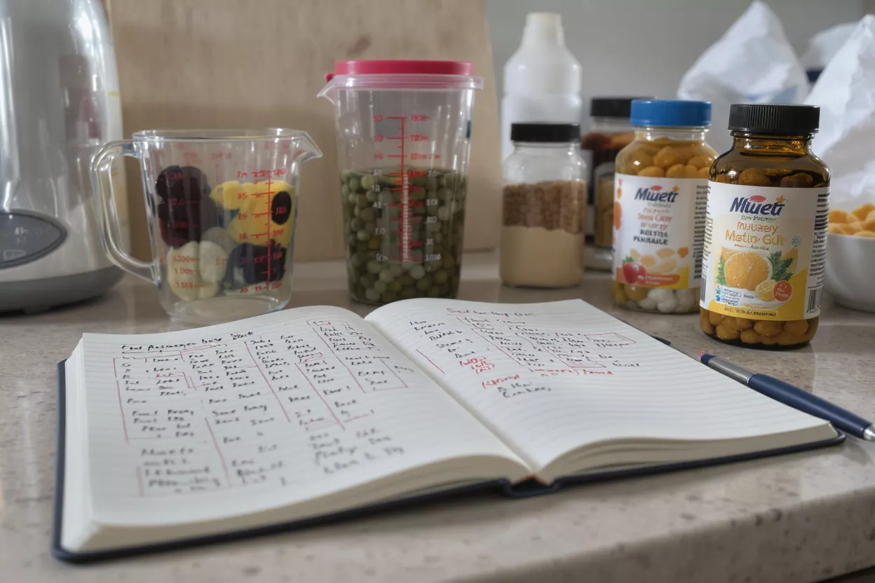 Kitchen counter with meal prep items, notebook, and supplement bottles.