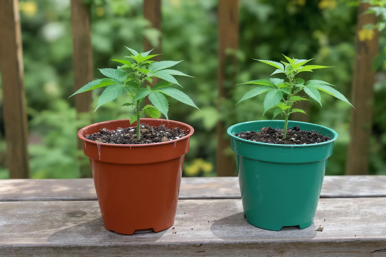 Two small cannabis plants in brown and green pots on a wooden surface outdoors.