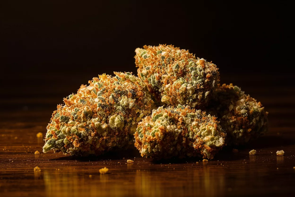 Close-up of several kief-coated cannabis nugs on a wooden surface.
