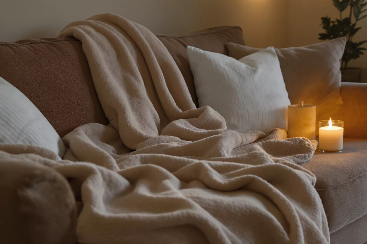Warm, inviting sofa with a soft blanket, pillows, and two glowing candles.