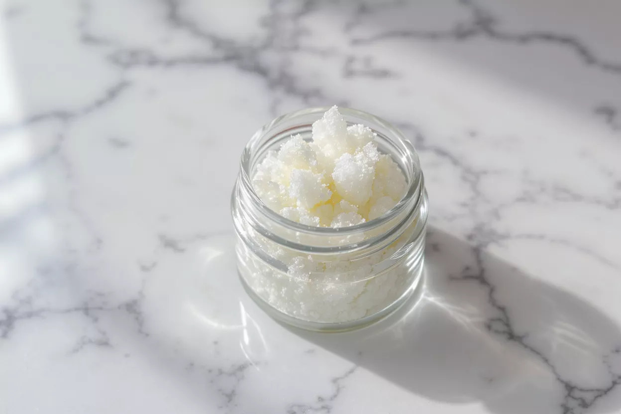 A small glass jar filled with white, creamy shea butter on a marble surface.